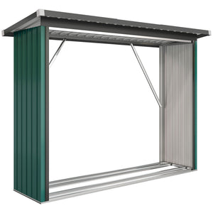 Abri-bûches Couvert en Acier Galvanisé, Support pour Bois de Chauffage Robuste, Montage Rapide, Étagère à Bûches Extérieur Plancher Surélevé Toit Incliné, 213x66,5x150cm, Vert