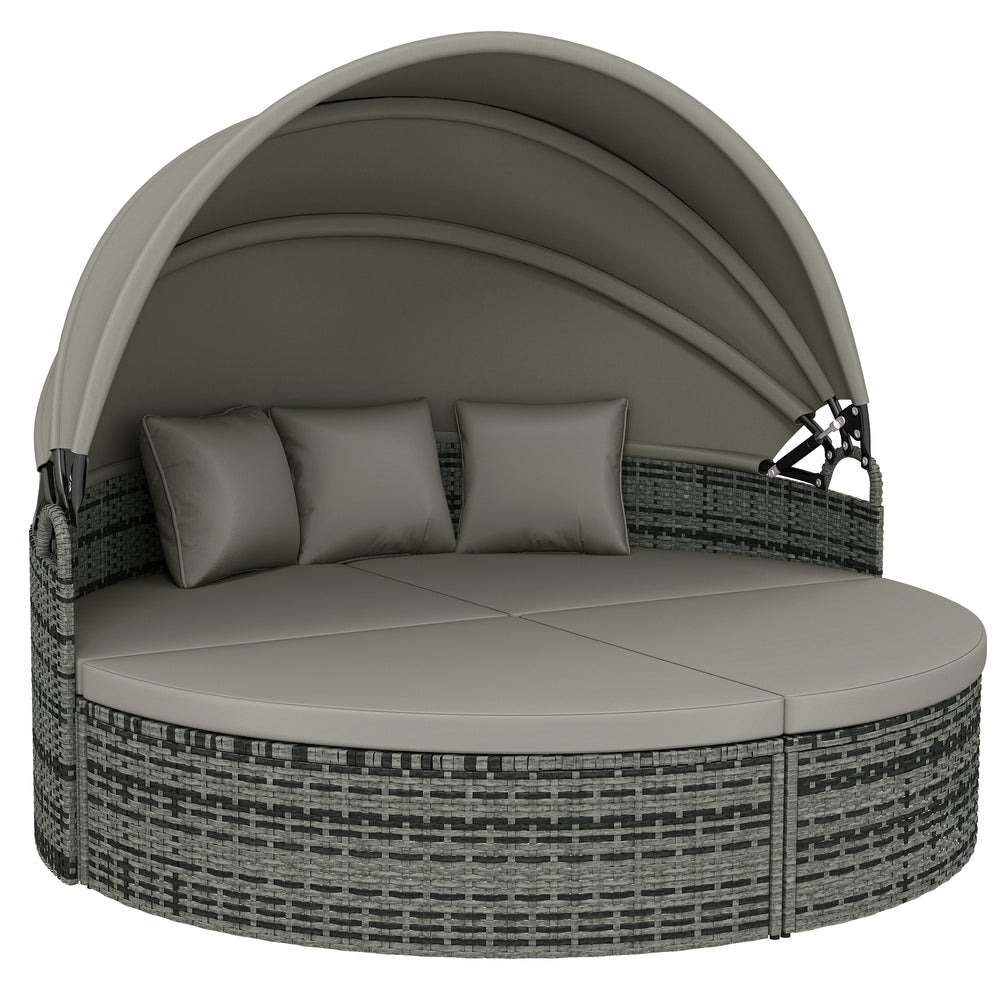Bain de soleil rond, lit de jardin extérieur modulable 3 PSC en résine tressée avec auvent rétractable, coussins et oreillers, chaise longue relax pour piscine, terrasse, véranda, gris clair