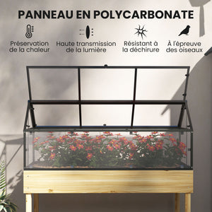 Mini Serre sur Pieds - jardinière surélevée - dim.  120L x 60l x 103H cm - double toit ouvrable Panneaux de Polycarbonate, acier, Bois Sapin traité