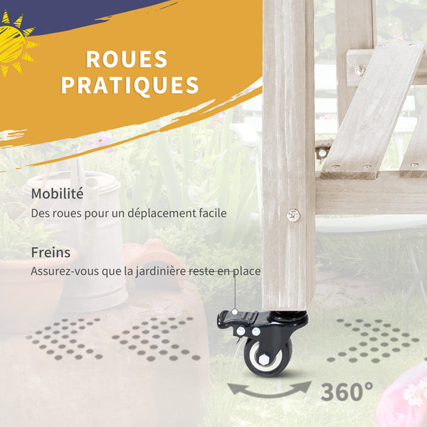Jardinière sur Pied - Potager sur roulettes - étagère, Tablette Rabattable, Inserts d'irrigation, Feutre de Drainage Inclus - Bois Sapin pré-huilé dim. 123L x 54l x 87H cm