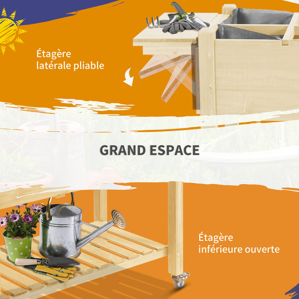 Jardinière sur Pied - Potager sur roulettes - étagère, Tablette Rabattable, Inserts d'irrigation, Feutre de Drainage Inclus - Bois Sapin pré-huilé dim. 123L x 54l x 87H cm