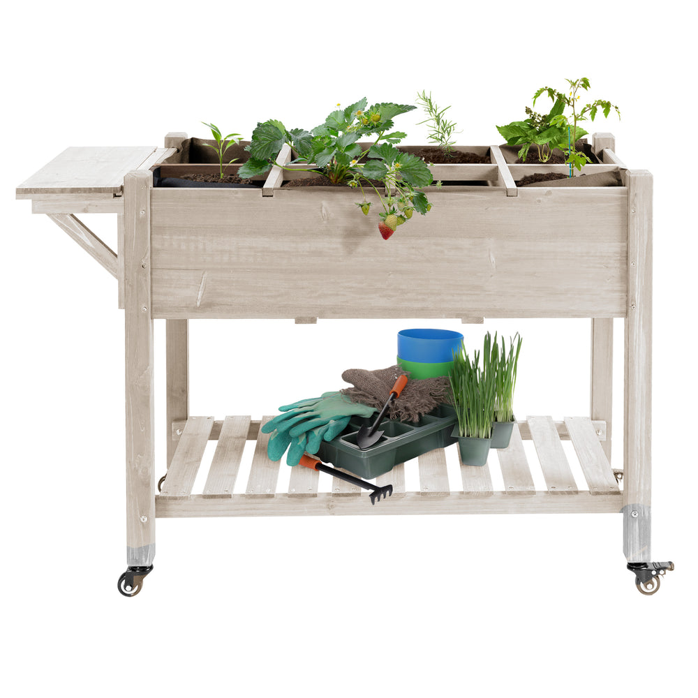 Jardinière sur Pied - Potager sur roulettes - étagère, Tablette Rabattable, Inserts d'irrigation, Feutre de Drainage Inclus - Bois Sapin pré-huilé dim. 123L x 54l x 87H cm