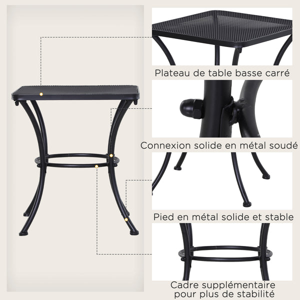 Table Basse carrée Bistro de Jardin dim. 45L x 45l x 50H cm piètement arqué Plateau maillé métal époxy anticorrosion Noir