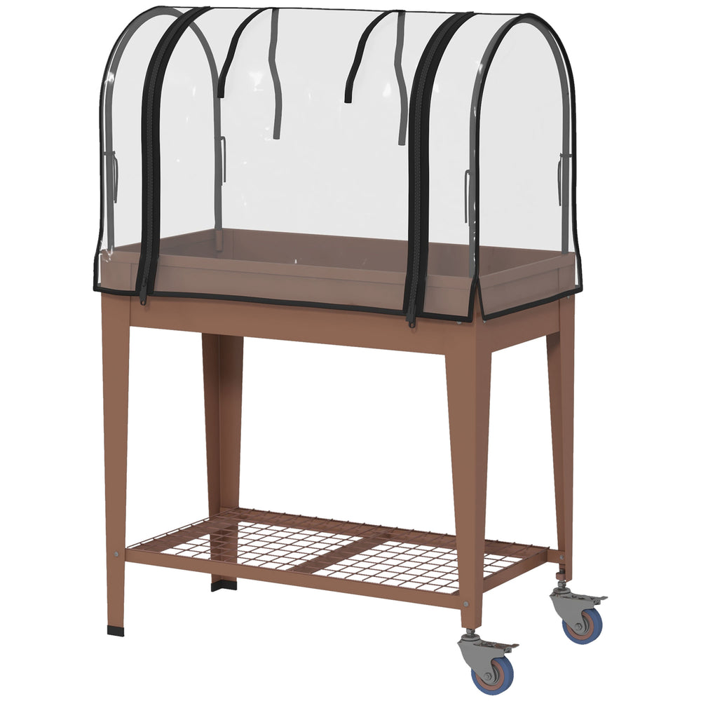 Jardinière surélevée potager avec bâche transparente, mini serre de jardin, 2 roulettes et 1 étagère inférieure pour légumes, fleurs, potager, dim. 80L x 40l x 120H cm, marron