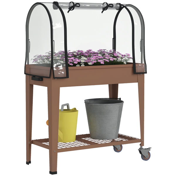 Jardinière surélevée potager avec bâche transparente, mini serre de jardin, 2 roulettes et 1 étagère inférieure pour légumes, fleurs, potager, dim. 80L x 40l x 120H cm, marron