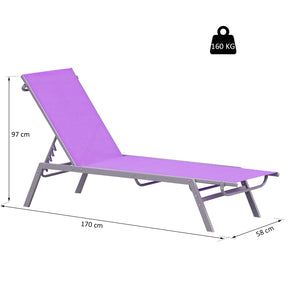 Bain de Soleil transat - Chaise Longue - Design Contemporain - Dossier inclinable Multi-Positions - métal époxy textilène Mauve - dim. 170 x 58 x 97 cm