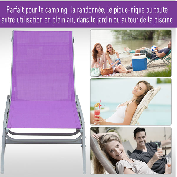 Bain de Soleil transat - Chaise Longue - Design Contemporain - Dossier inclinable Multi-Positions - métal époxy textilène Mauve - dim. 170 x 58 x 97 cm