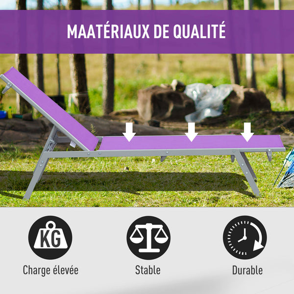 Bain de Soleil transat - Chaise Longue - Design Contemporain - Dossier inclinable Multi-Positions - métal époxy textilène Mauve - dim. 170 x 58 x 97 cm
