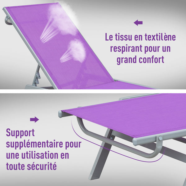Bain de Soleil transat - Chaise Longue - Design Contemporain - Dossier inclinable Multi-Positions - métal époxy textilène Mauve - dim. 170 x 58 x 97 cm