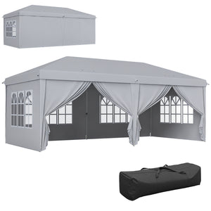 Tonnelle de jardin pliante 6 x 3 m tonnelle de jardin extérieure barnum pliant pop-up imperméabilisé 4 parois latérales amovibles 4 fenêtres + sac de transport gris clair