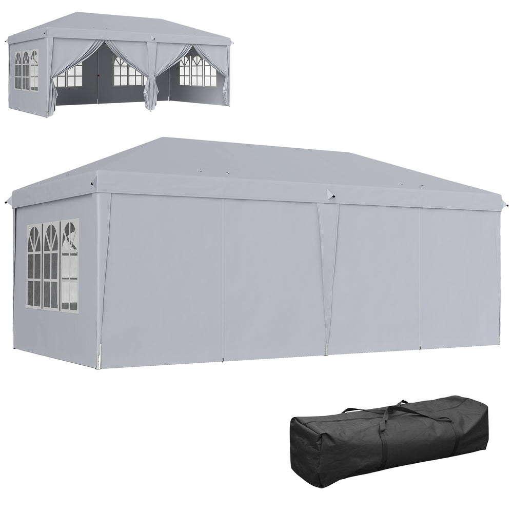 Tonnelle de jardin pliante 6 x 3 m tonnelle de jardin extérieure barnum pliant pop-up imperméabilisé 4 parois latérales amovibles 4 fenêtres + sac de transport gris clair