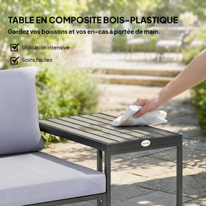 Salon de jardin 3 pièces - ensemble de jardin avec coussins 14cm et accoudoirs en composite bois-plastique : mobilier de balcon avec 2 fauteuils et table d'appoint, assise en textilène, gris
