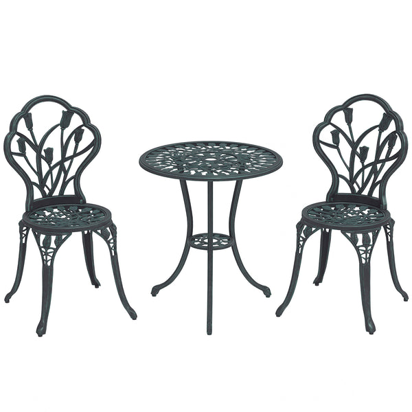 Ensemble Salon de Jardin 2 Places 2 chaises + Table Ronde Fonte d'aluminium Imitation Fer forgé Vert