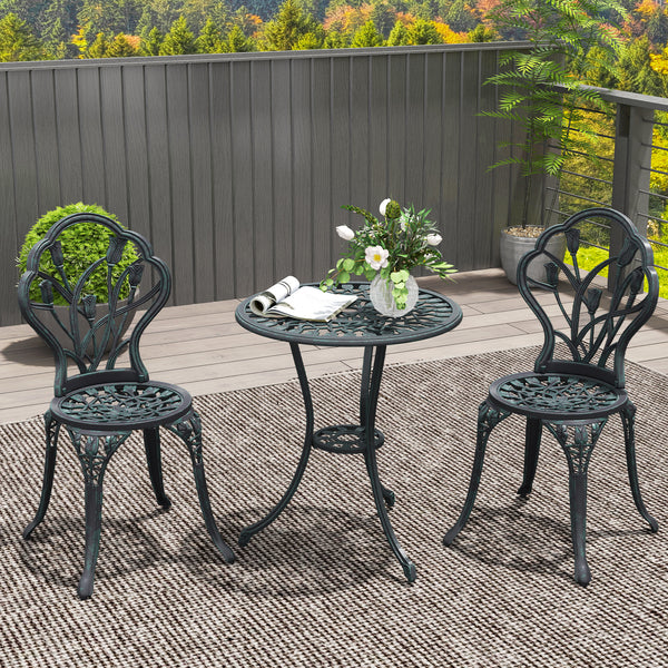 Ensemble Salon de Jardin 2 Places 2 chaises + Table Ronde Fonte d'aluminium Imitation Fer forgé Vert