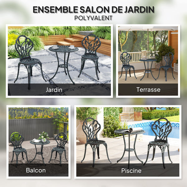 Ensemble Salon de Jardin 2 Places 2 chaises + Table Ronde Fonte d'aluminium Imitation Fer forgé Vert