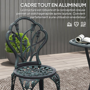 Ensemble Salon de Jardin 2 Places 2 chaises + Table Ronde Fonte d'aluminium Imitation Fer forgé Vert