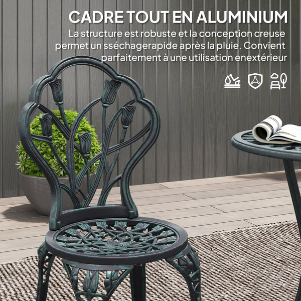 Ensemble Salon de Jardin 2 Places 2 chaises + Table Ronde Fonte d'aluminium Imitation Fer forgé Vert