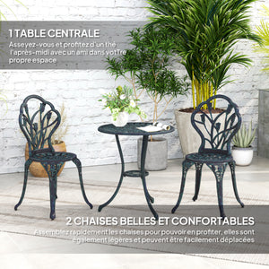 Ensemble Salon de Jardin 2 Places 2 chaises + Table Ronde Fonte d'aluminium Imitation Fer forgé Vert