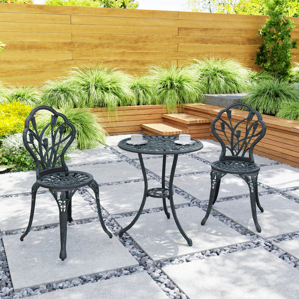Ensemble Salon de Jardin 2 Places 2 chaises + Table Ronde Fonte d'aluminium Imitation Fer forgé Vert