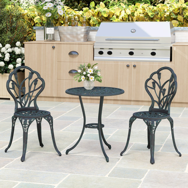 Ensemble Salon de Jardin 2 Places 2 chaises + Table Ronde Fonte d'aluminium Imitation Fer forgé Vert