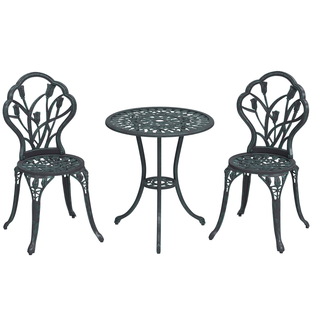 Ensemble Salon de Jardin 2 Places 2 chaises + Table Ronde Fonte d'aluminium Imitation Fer forgé Vert