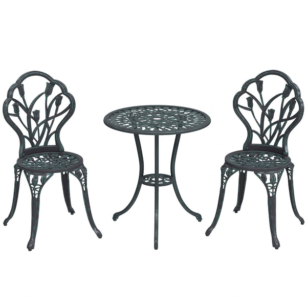 Ensemble Salon de Jardin 2 Places 2 chaises + Table Ronde Fonte d'aluminium Imitation Fer forgé Vert