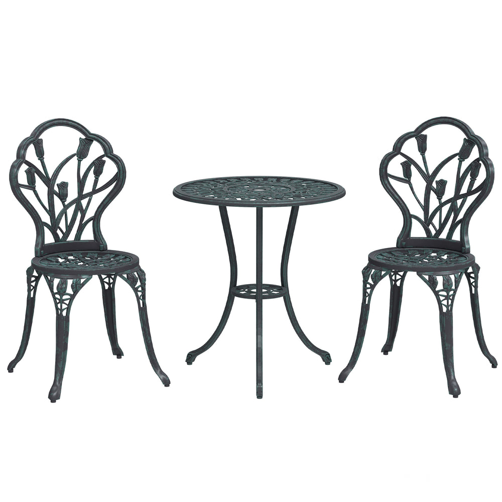 Ensemble Salon de Jardin 2 Places 2 chaises + Table Ronde Fonte d'aluminium Imitation Fer forgé Vert