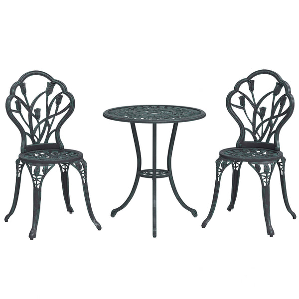 Ensemble Salon de Jardin 2 Places 2 chaises + Table Ronde Fonte d'aluminium Imitation Fer forgé Vert