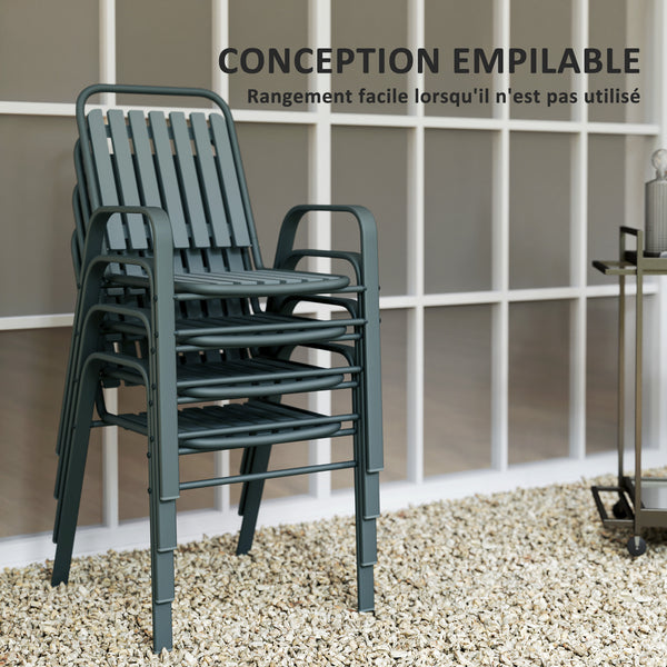 Lot de 4 chaises de jardin chaises empilables d'extérieur avec haut dossier et accoudoirs, cadre en acier pour jardin, piscine, terrasse, gris