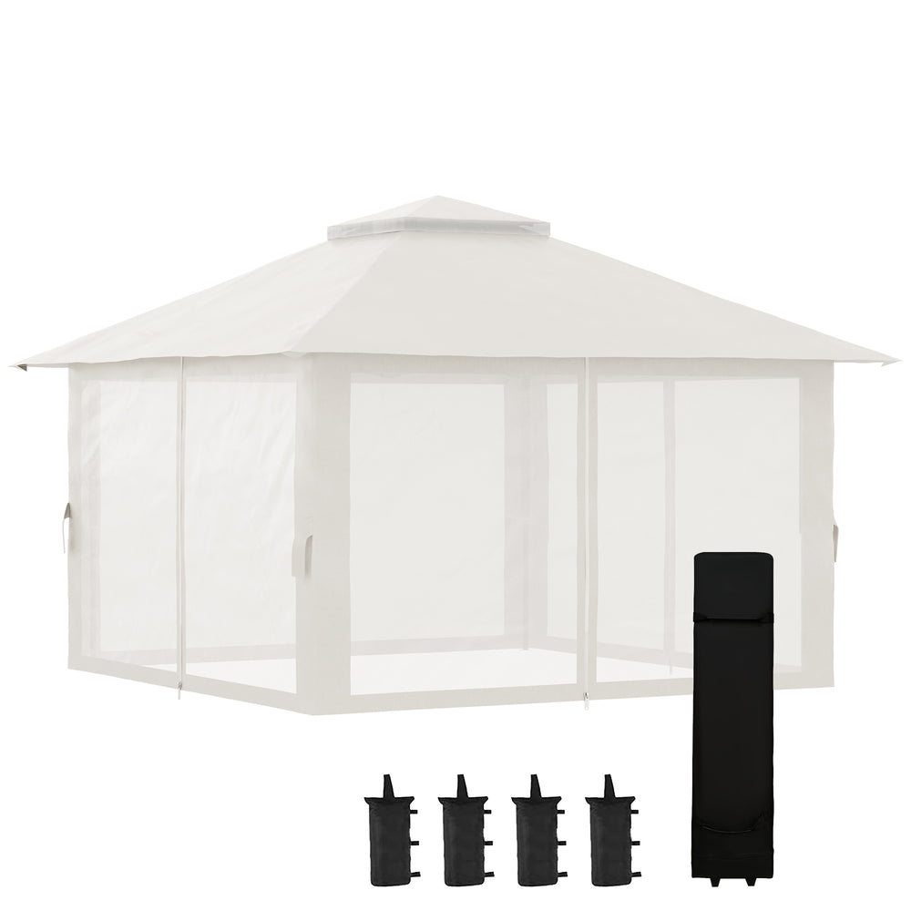 Tonnelle de jardin extérieur barnum de jardin pop-up tente pliant 4 x 4 m double toit protection UV 50+ 4 moustiquaires, 4 sacs de sable, 1 sac de transport tissu Oxford métal blanc