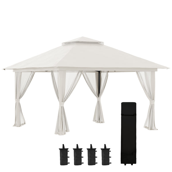 Tonnelle de jardin extérieur barnum de jardin pop-up tente pliant 4 x 4 m double toit protection UV 50+ 4 moustiquaires, 4 sacs de sable, 1 sac de transport tissu Oxford métal blanc