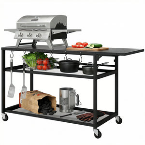 Desserte jardin chariot de barbecue sur roulettes îlot de cuisine avec Plateau Latéral Pliable, Trois Étagères, Crochets et Poinége, 133 x 48,5 x 82 cm, Noir