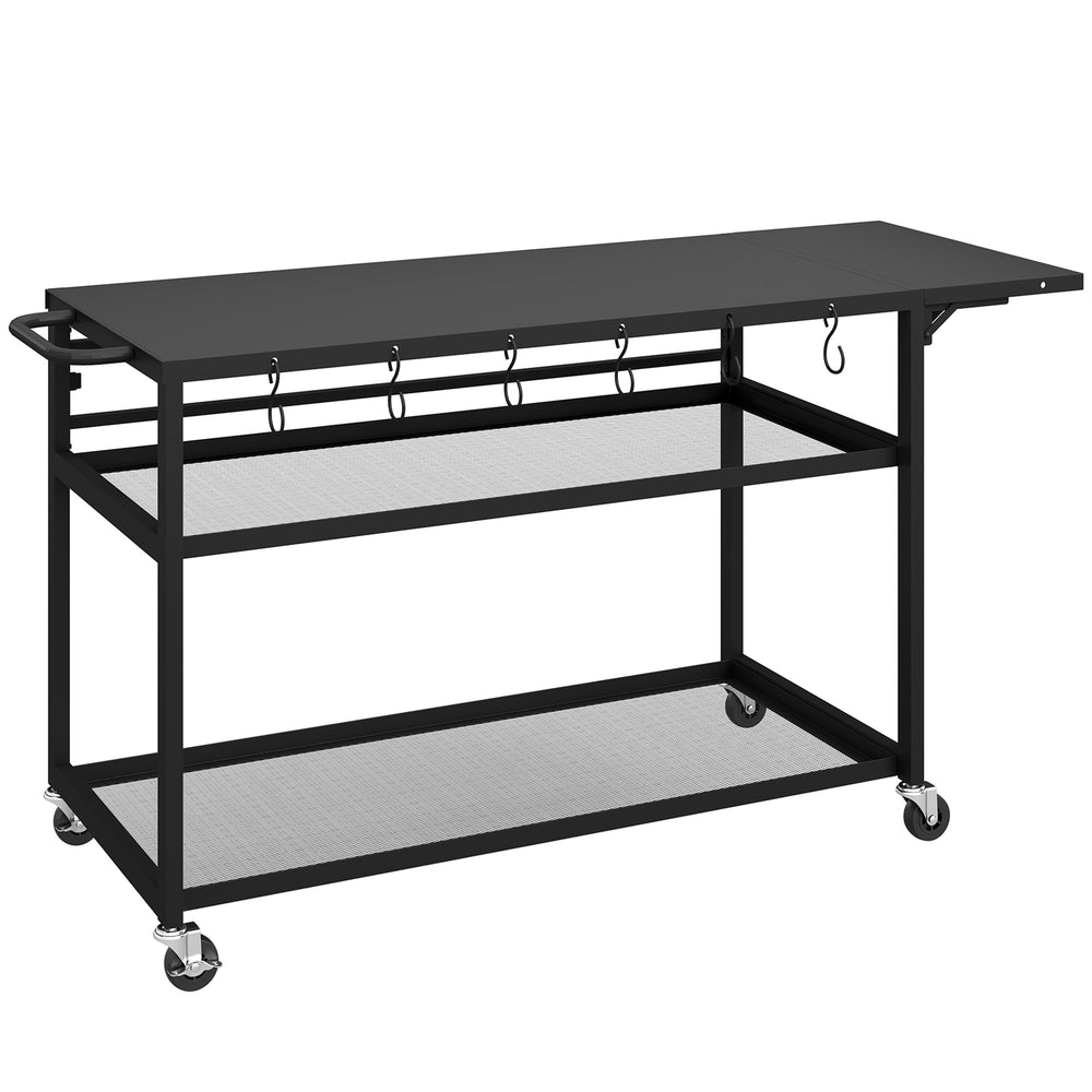 Desserte jardin chariot de barbecue sur roulettes îlot de cuisine avec Plateau Latéral Pliable, Trois Étagères, Crochets et Poinége, 133 x 48,5 x 82 cm, Noir