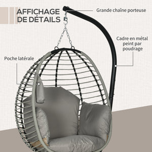 Fauteuil œuf Suspendu balancelle Pliante avec Coussin et Support Usage intérieur extérieur métal corde en polypropylène dim. 110L x 100l x 188H cm gris