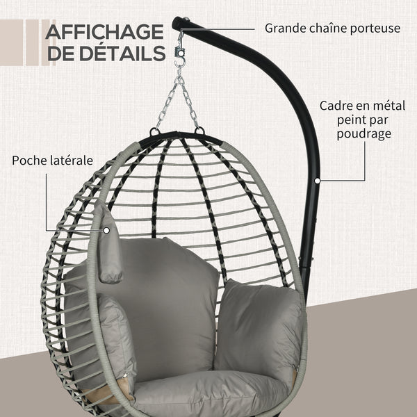 Fauteuil œuf Suspendu balancelle Pliante avec Coussin et Support Usage intérieur extérieur métal corde en polypropylène dim. 110L x 100l x 188H cm gris