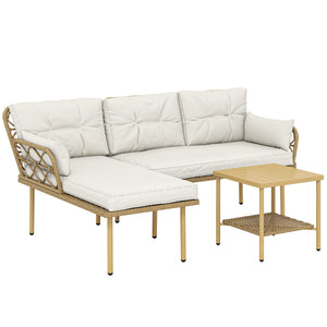 Salon de jardin exterieur 4 personnes 3 pièces avec 1 table basse coussins grand confort inclus résine tressée crème