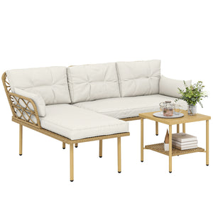Salon de jardin exterieur 4 personnes 3 pièces avec 1 table basse coussins grand confort inclus résine tressée crème