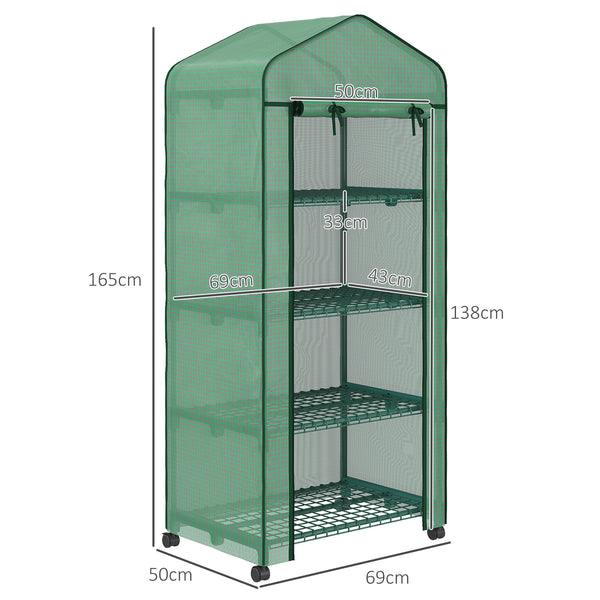 Serre de jardin avec étagères 4 niveaux, serre de balcon, bâche renforcée, châssis en acier, porte zippée, pour légumes plantes fleurs, intérieur et extérieur, 69 x 50 x 165 cm, vert