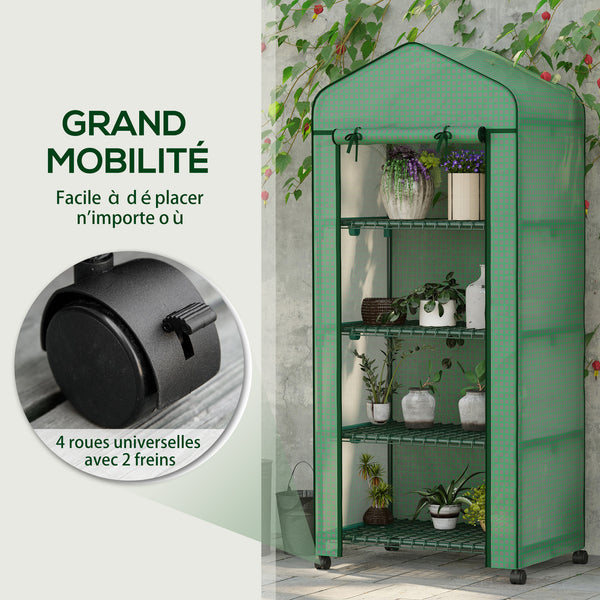 Serre de jardin avec étagères 4 niveaux, serre de balcon, bâche renforcée, châssis en acier, porte zippée, pour légumes plantes fleurs, intérieur et extérieur, 69 x 50 x 165 cm, vert