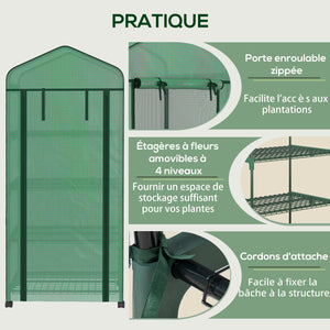 Serre de jardin avec étagères 4 niveaux, serre de balcon, bâche renforcée, châssis en acier, porte zippée, pour légumes plantes fleurs, intérieur et extérieur, 69 x 50 x 165 cm, vert