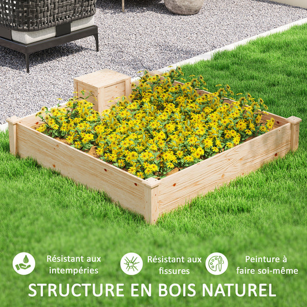 Jardinière en bois, carré potager extérieur bois avec bac à compost, design à fond ouvert, bac à fleurs pour légumes fleurs dans jardin terrasse patio, 123 x 123 x 25,5 cm, bois naturel