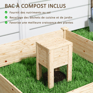 Jardinière en bois, carré potager extérieur bois avec bac à compost, design à fond ouvert, bac à fleurs pour légumes fleurs dans jardin terrasse patio, 123 x 123 x 25,5 cm, bois naturel