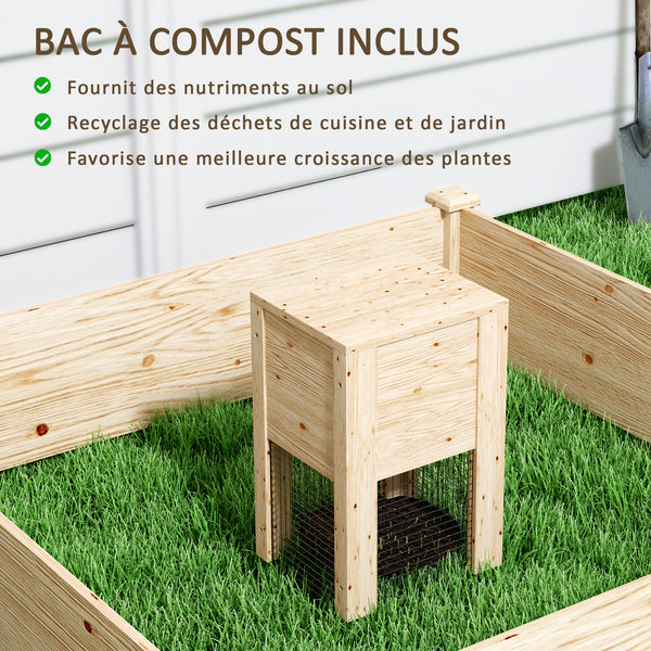 Jardinière en bois, carré potager extérieur bois avec bac à compost, design à fond ouvert, bac à fleurs pour légumes fleurs dans jardin terrasse patio, 123 x 123 x 25,5 cm, bois naturel
