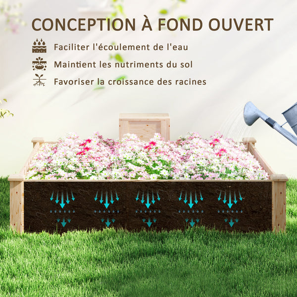 Jardinière en bois, carré potager extérieur bois avec bac à compost, design à fond ouvert, bac à fleurs pour légumes fleurs dans jardin terrasse patio, 123 x 123 x 25,5 cm, bois naturel
