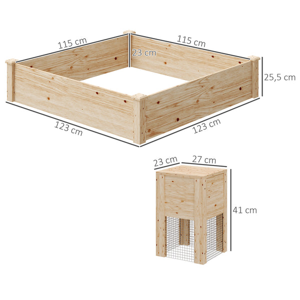 Jardinière en bois, carré potager extérieur bois avec bac à compost, design à fond ouvert, bac à fleurs pour légumes fleurs dans jardin terrasse patio, 123 x 123 x 25,5 cm, bois naturel