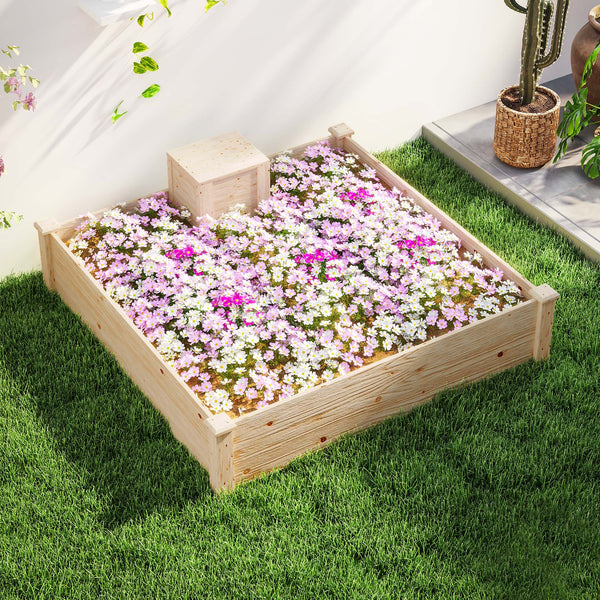 Jardinière en bois, carré potager extérieur bois avec bac à compost, design à fond ouvert, bac à fleurs pour légumes fleurs dans jardin terrasse patio, 123 x 123 x 25,5 cm, bois naturel
