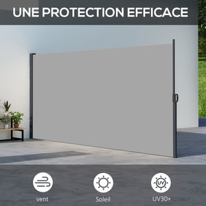 Store latéral Brise-Vue paravent rétractable de jardin dim. 3L x 2H m alu. Polyester Anti-UV Haute densité 180 g/m² Gris clair