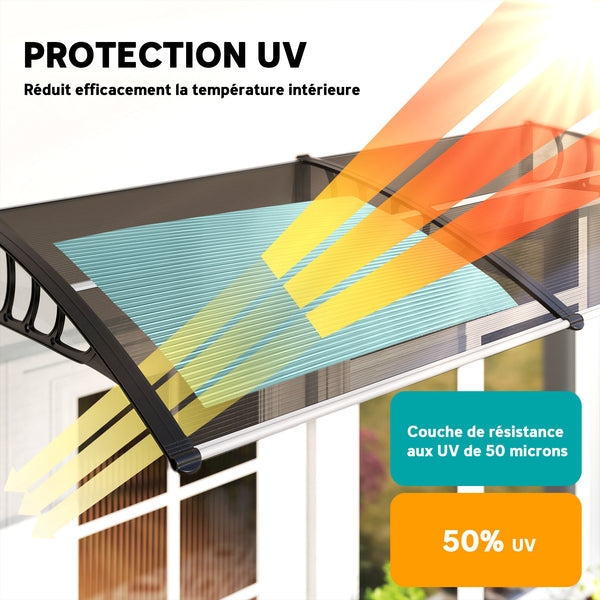 Auvent de porte d'entrée, toit marquise de porte exterieur en polycarbonate et aluminium résistante toit abri protection contre la pluie et UV pour terrasse, balcon, 200 x 96 cm, marron