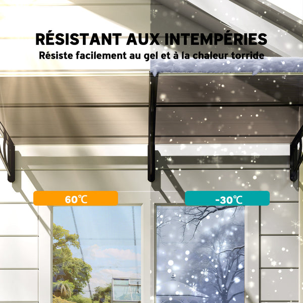 Auvent de porte d'entrée, toit marquise de porte exterieur en polycarbonate et aluminium résistante toit abri protection contre la pluie et UV pour terrasse, balcon, 200 x 96 cm, marron