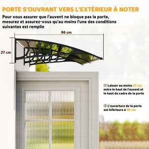 Auvent de porte d'entrée, toit marquise de porte exterieur en polycarbonate et aluminium résistante toit abri protection contre la pluie et UV pour terrasse, balcon, 200 x 96 cm, marron